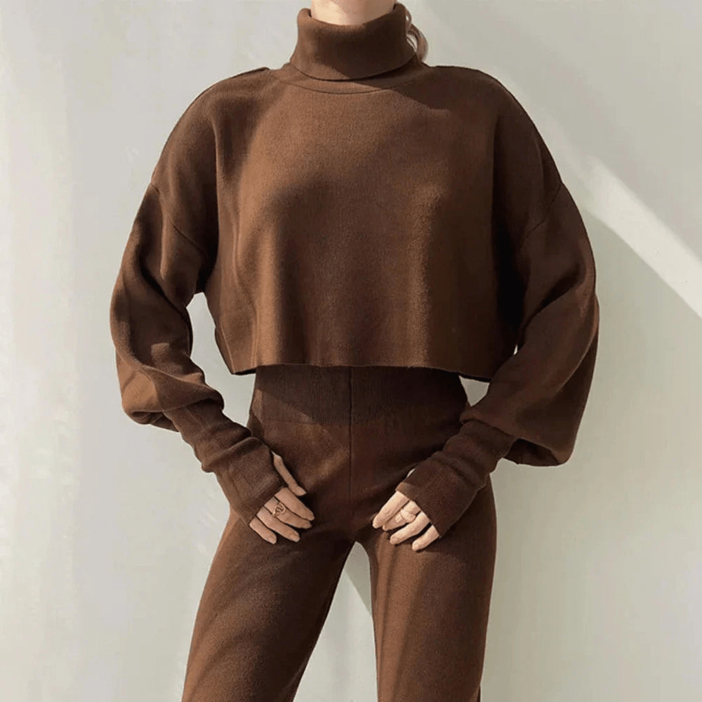 Levoire | Ensemble pour femmes deux pièces élégant avec pull à col roulé court Braun