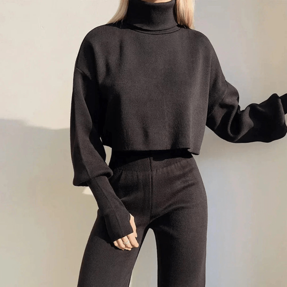 Levoire | Ensemble pour femmes deux pièces élégant avec pull à col roulé court Noir