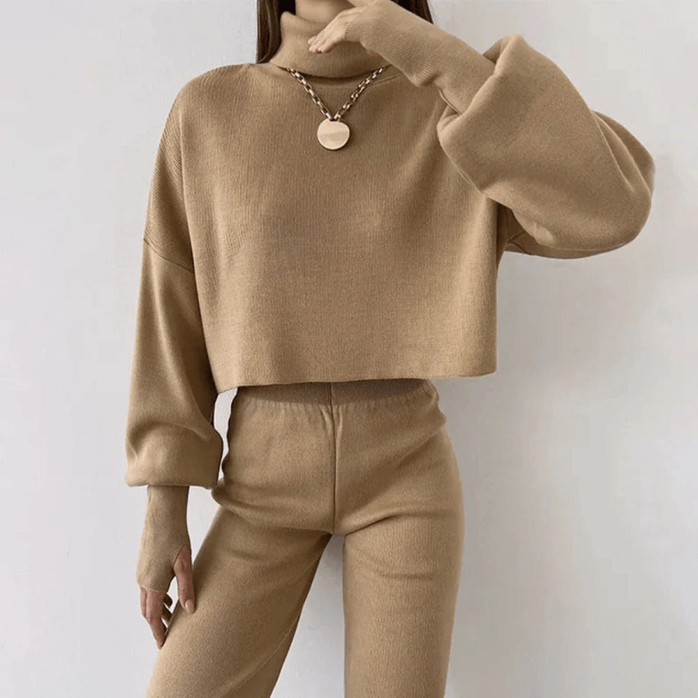 Levoire | Ensemble pour femmes deux pièces élégant avec pull à col roulé court Kaki