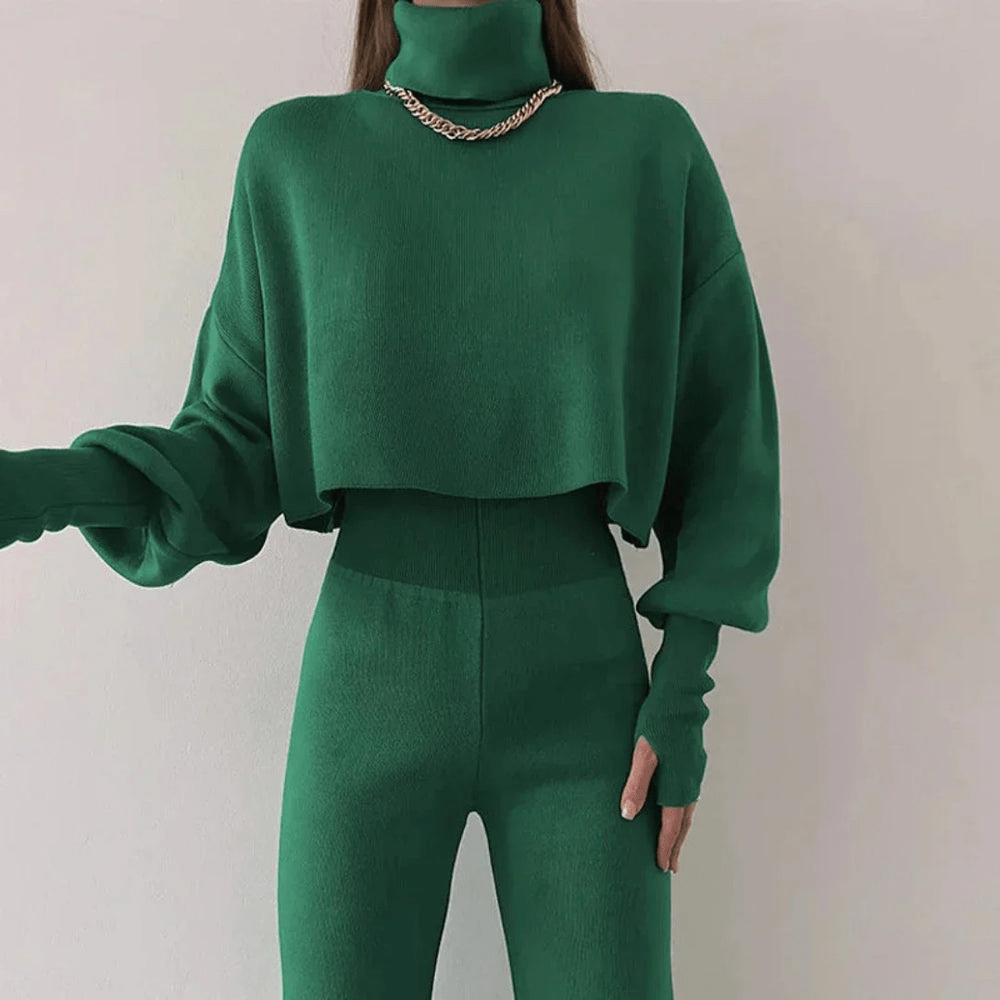 Levoire | Ensemble pour femmes deux pièces élégant avec pull à col roulé court Vert