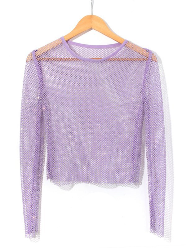 Levoire | T-shirt à manches longues en mesh Flash Diamond pour femmes Sexy Night Club Fille T-shirt en filet Violet UNE TAILLE