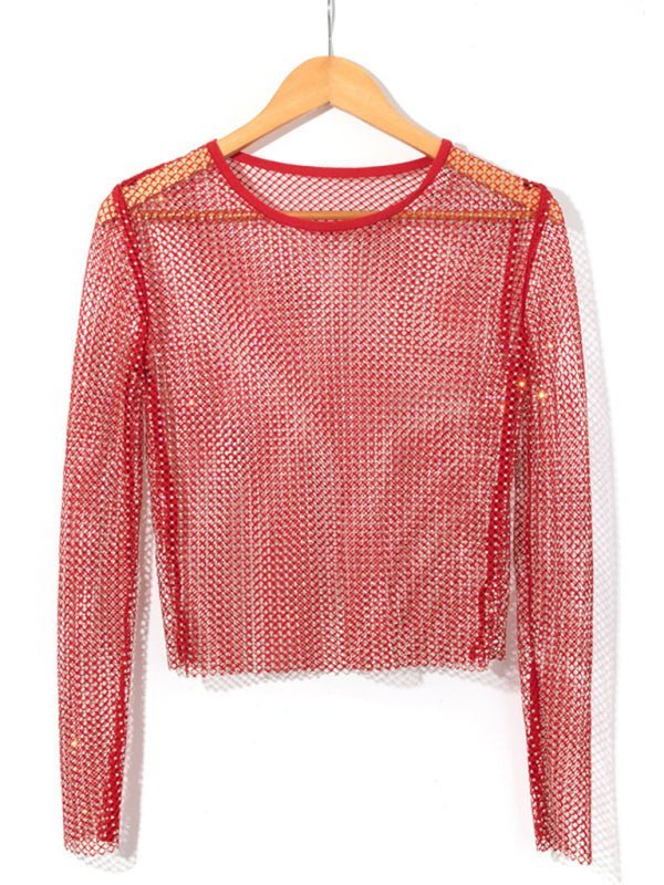 Levoire | T-shirt à manches longues en mesh Flash Diamond pour femmes Sexy Night Club Fille T-shirt en filet Rot UNE TAILLE
