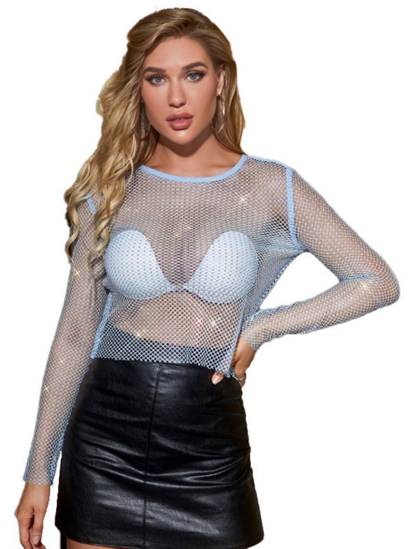 Levoire | T-shirt à manches longues en mesh Flash Diamond pour femmes Sexy Night Club Fille T-shirt en filet