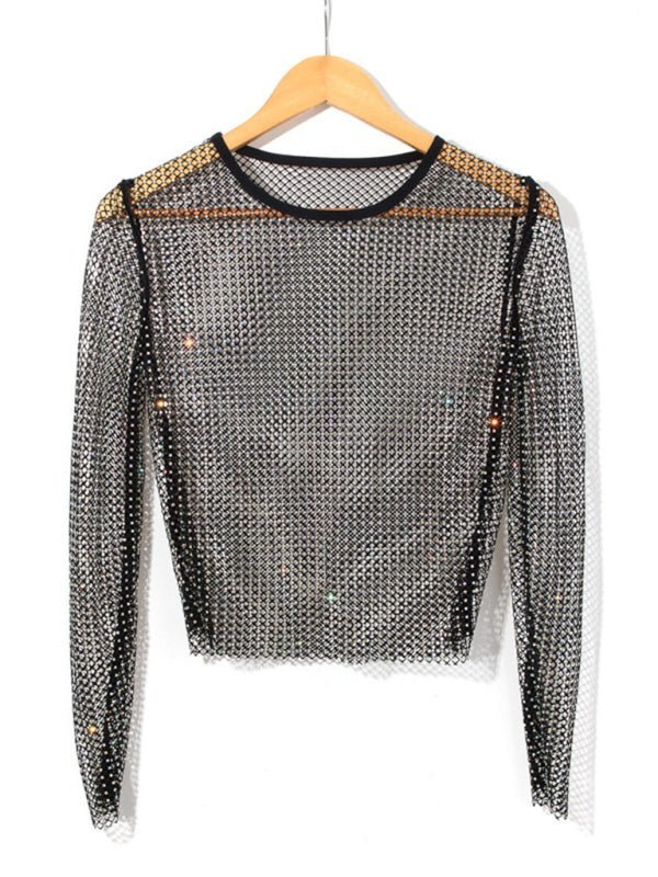 Levoire | T-shirt à manches longues en mesh Flash Diamond pour femmes Sexy Night Club Fille T-shirt en filet Noir UNE TAILLE