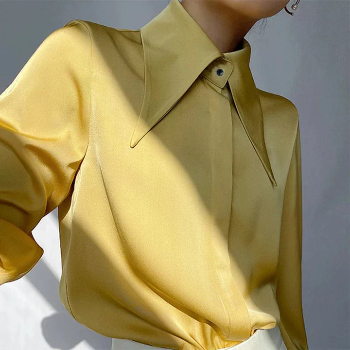 Levoire | Élégante Blouse En Satin À Manches Longues Pour Femmes Luxueuse, Stylée Et Polyvalente Jaune