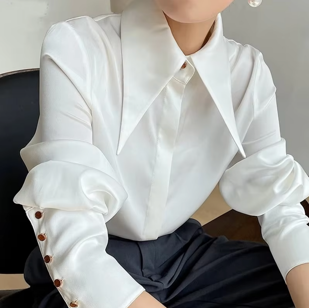 Levoire | Élégante Blouse En Satin À Manches Longues Pour Femmes Luxueuse, Stylée Et Polyvalente Blanc