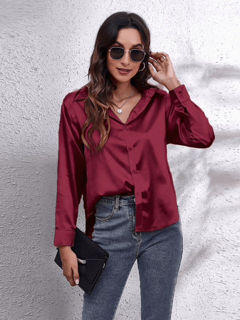 Levoire | Chemisier Satin pour Femmes Blouse en Satin Élégante à Manches Longues Bordeaux