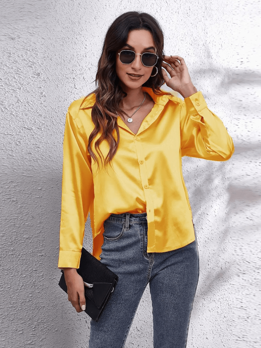 Levoire | Chemisier Satin pour Femmes Blouse en Satin Élégante à Manches Longues Jaune
