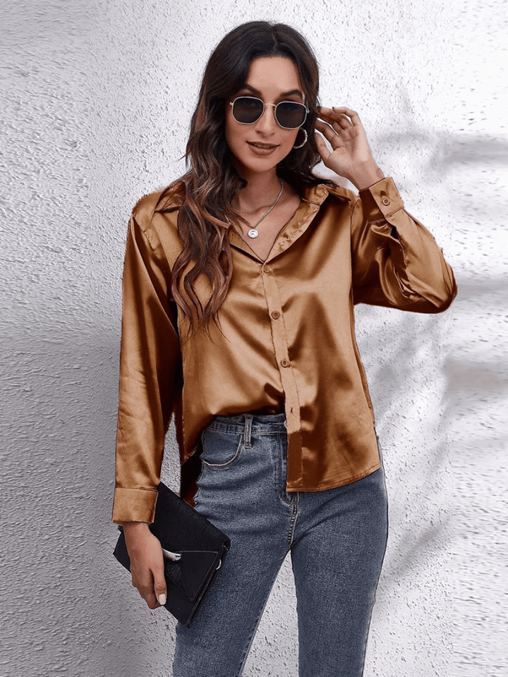 Levoire | Chemisier Satin pour Femmes Blouse en Satin Élégante à Manches Longues Braun
