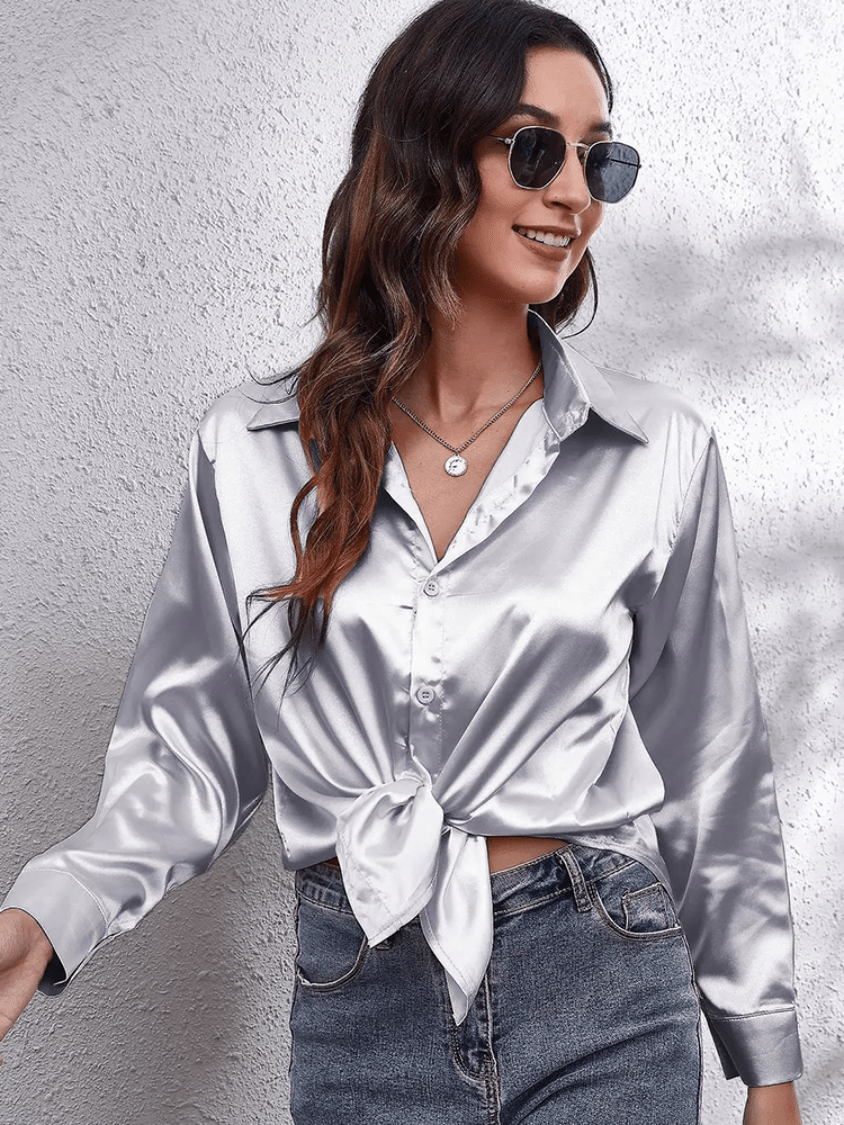 Levoire | Chemisier Satin pour Femmes Blouse en Satin Élégante à Manches Longues Argent