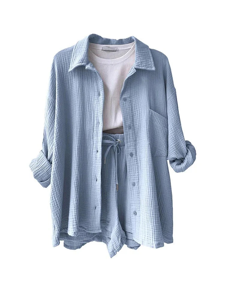Levoire | Coton Lin Chemise Ensemble Bleu clair