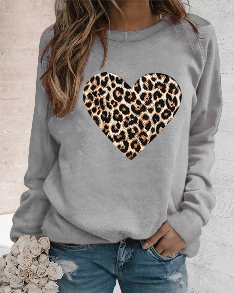 Levoire | Pull confortable pour femmes avec impression de cœur léopard tendance Gris
