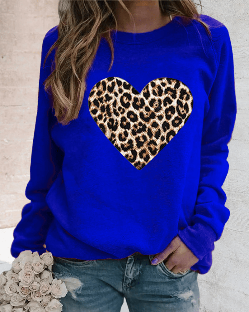 Levoire | Pull confortable pour femmes avec impression de cœur léopard tendance Bleu