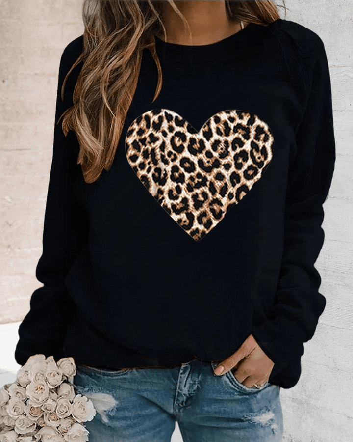 Levoire | Pull confortable pour femmes avec impression de cœur léopard tendance Noir