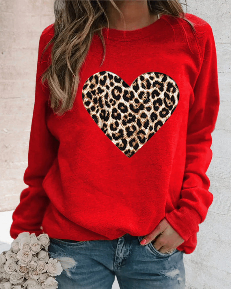 Levoire | Pull confortable pour femmes avec impression de cœur léopard tendance Rot