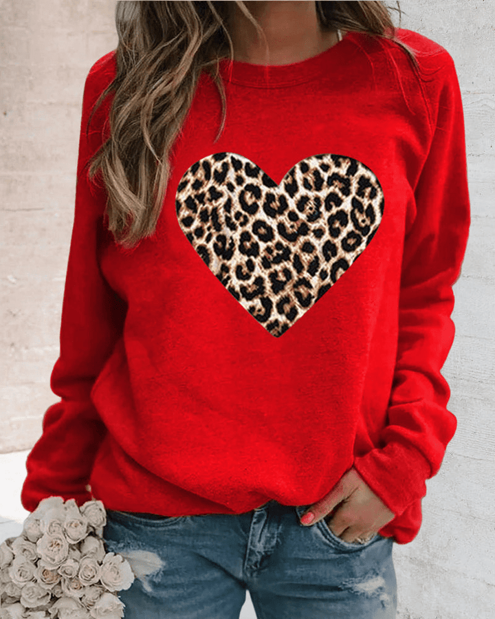 Levoire | Pull confortable pour femmes avec impression de cœur léopard tendance Rot