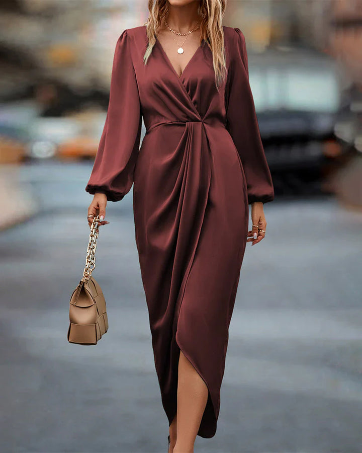 Levoire | Satin Robe Classique À Manches Pour Femmes Bordeaux