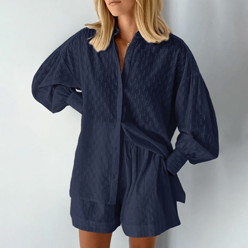 Levoire | Chemise Avec Jabot Et Ensemble De Shorts Pour Femmes Bleu