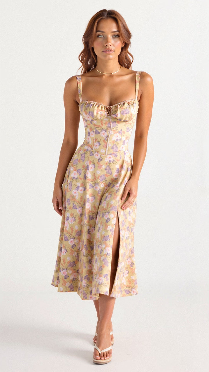Levoire | Robe Midi Élégante Au Style Corset Pour Femmes Jaune