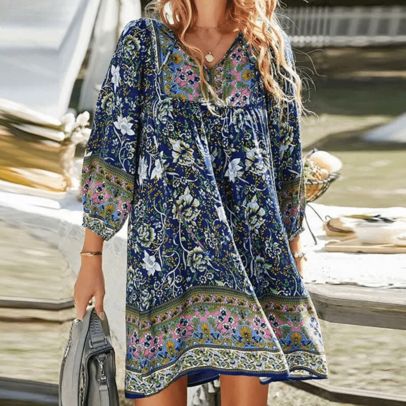 Levoire | Robe Boho Imprimée Pour Femmes Bleu marine