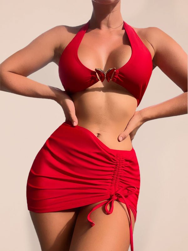 Levoire | Bikini Trois Pièces Multicolore Papillon Lien Sexy Femme Maillot de Bain Deux Pièces Rot