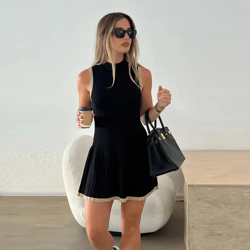 Levoire | Nouvelle robe mini tricotée pour femmes mode col rond volants robe en A Musta
