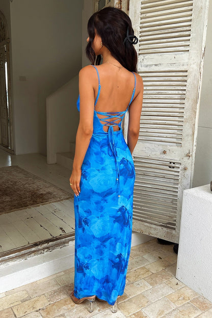 Levoire | Robe maxi sans dos à fleurs bleues