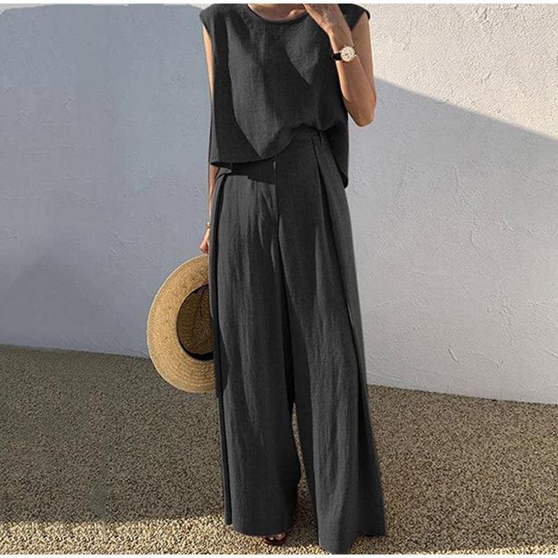 Levoire | Ensemble En Lin Élégant Avec Un Haut À Col Rond Et Un Pantalon Large Noir