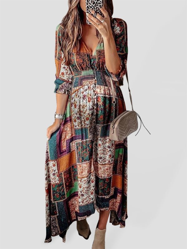 Levoire | Nouvelle Robe de Plage Imprimée à Manches Longues à Décolleté en V Boho Braun