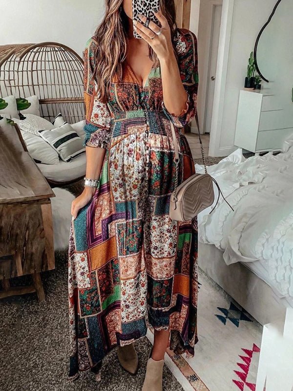 Levoire | Nouvelle Robe de Plage Imprimée à Manches Longues à Décolleté en V Boho