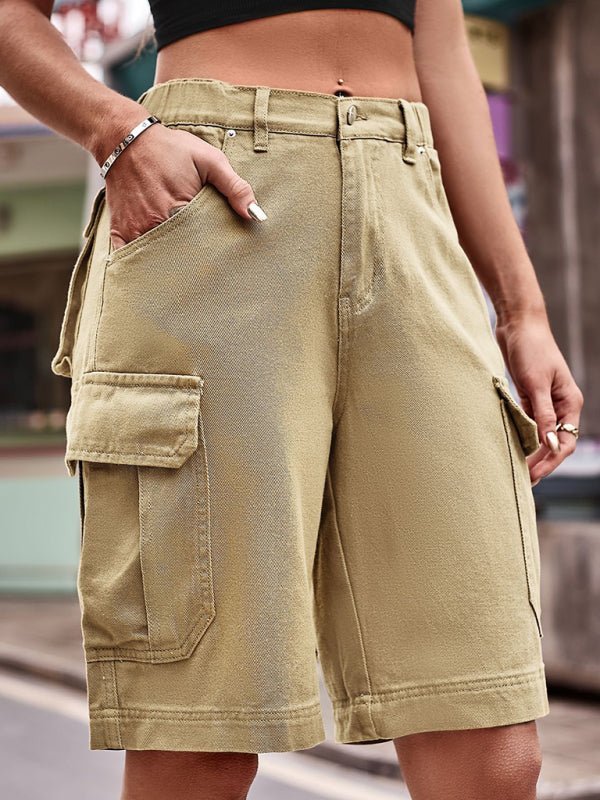 Levoire | Nouveaux shorts en denim cargo à taille élastique crochetés Khaki