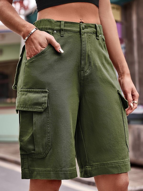 Levoire | Nouveaux shorts en denim cargo à taille élastique crochetés Olive vert