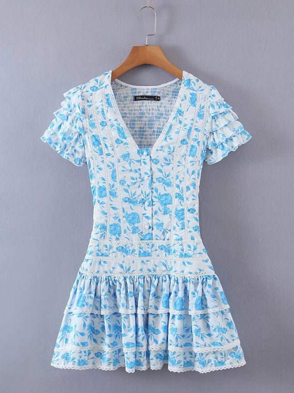 Levoire | Nouvelle mode européenne et américaine Tempérament petite fraîche robe à fleurs à couches décolleté en V
