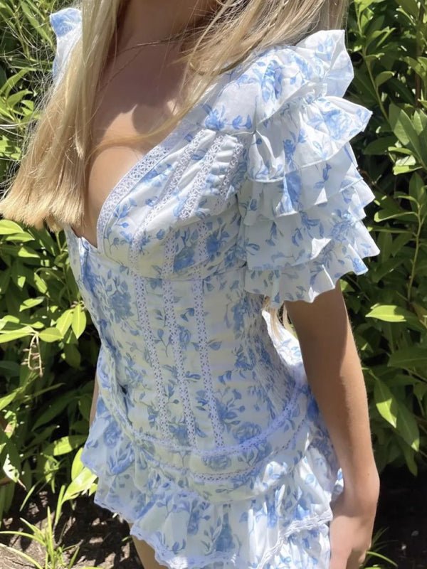 Levoire | Nouvelle mode européenne et américaine Tempérament petite fraîche robe à fleurs à couches décolleté en V Bleu M