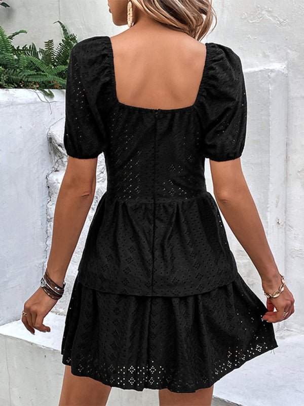 Levoire | Nouvelle tunique rétro française unie à encolure carrée à manches bouffantes robe à design superposé