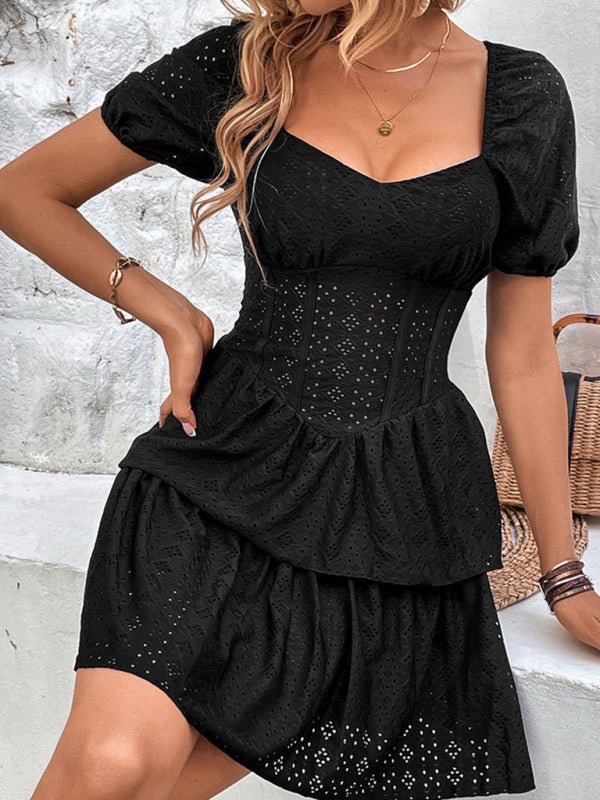 Levoire | Nouvelle tunique rétro française unie à encolure carrée à manches bouffantes robe à design superposé