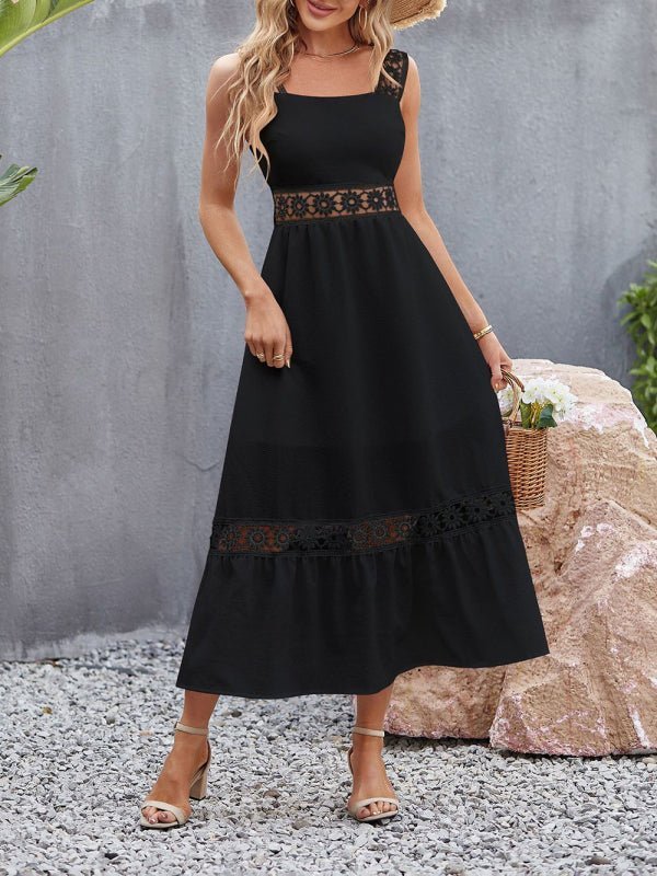Levoire | Nouveau style uni trou pointu couture col carré sans manches robe à bandes Noir
