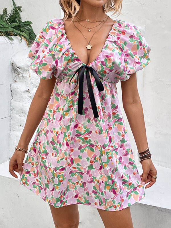 Levoire | Nouvelle robe femme Deep V sexy douce et épicée robe de fée imprimée Rosa
