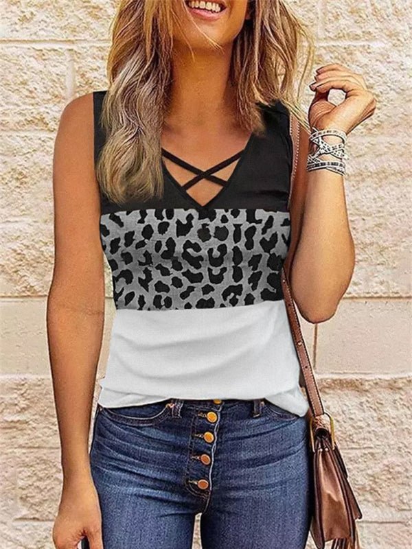 Levoire | Nouveau top découpé en V pour femmes avec motif léopard Gris