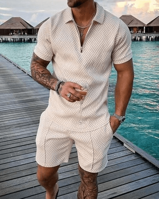 Levoire | Ensemble deux pièces Ensemble d'été luxueux pour hommes Polo luxueux et shorts parfaitement assortis Beige