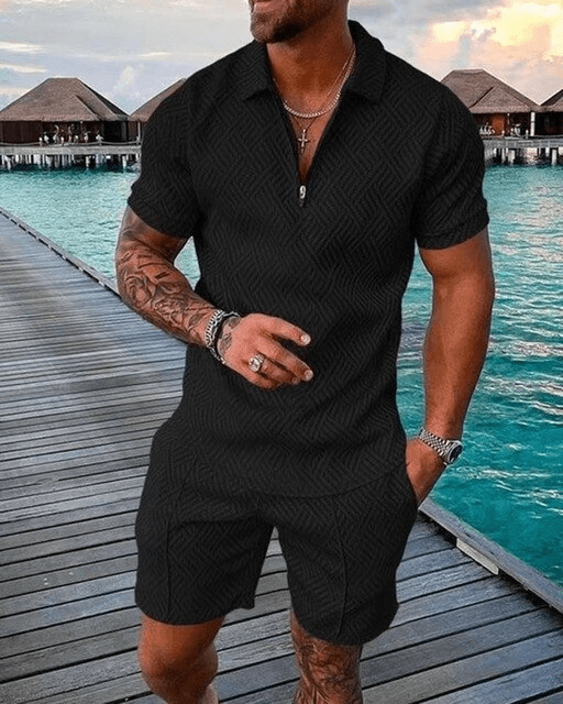 Levoire | Ensemble deux pièces Ensemble d'été luxueux pour hommes Polo luxueux et shorts parfaitement assortis Noir