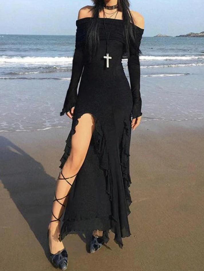 Levoire | Haut Fendu Maxi Robe À Épaules Nues Volant Noir