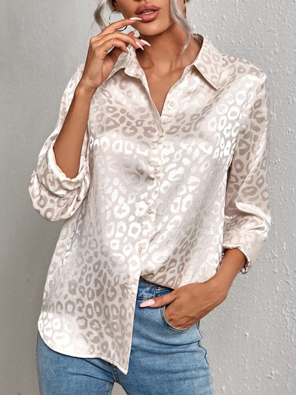 Levoire | Chemise à boutons ouverts en jacquard léopard chemise élégante à manches longues Cracker kaki