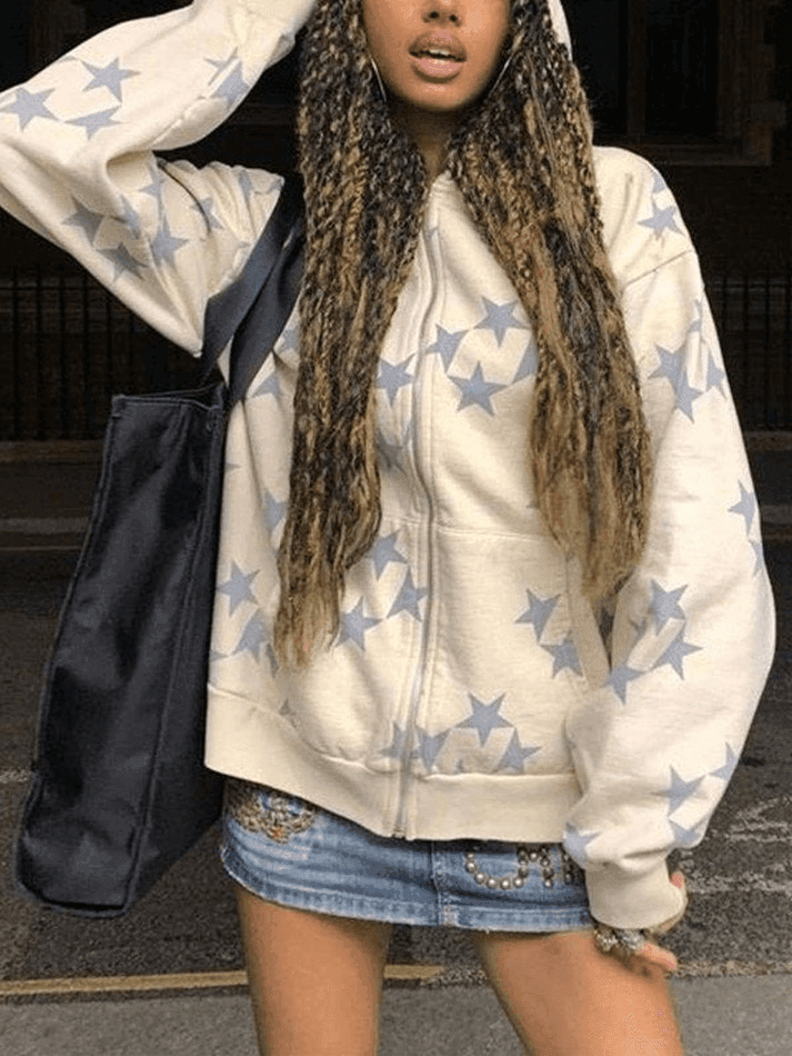 Levoire | Grandes Tailles Imprimé Étoile Fermeture Éclair Sweat À Capuche Blanc