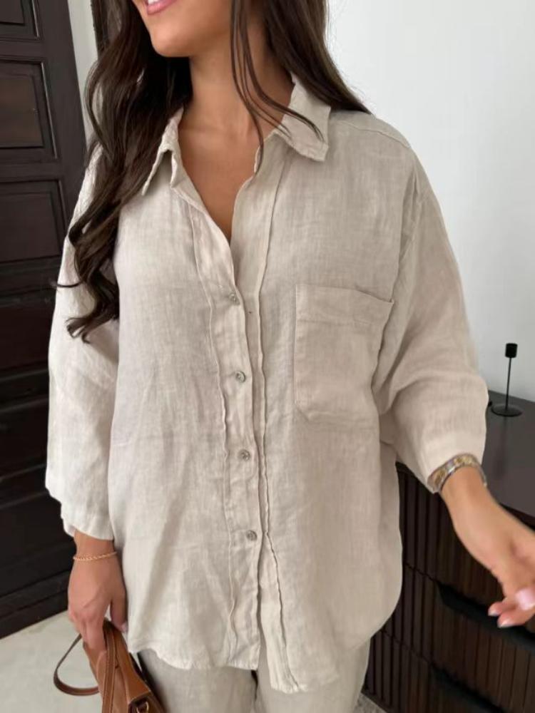Levoire | Ensemble Élégant En Lin À Manches Longues Et Pantalons Beige