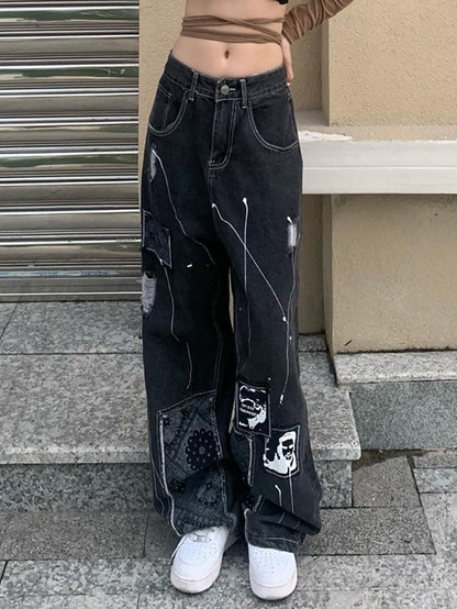 Levoire | Jean Boyfriend Imprimé Paisley Patchwork Noir