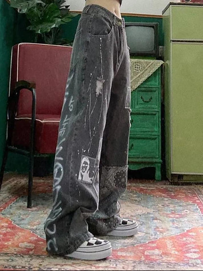 Levoire | Jean Boyfriend Imprimé Paisley Patchwork Gris