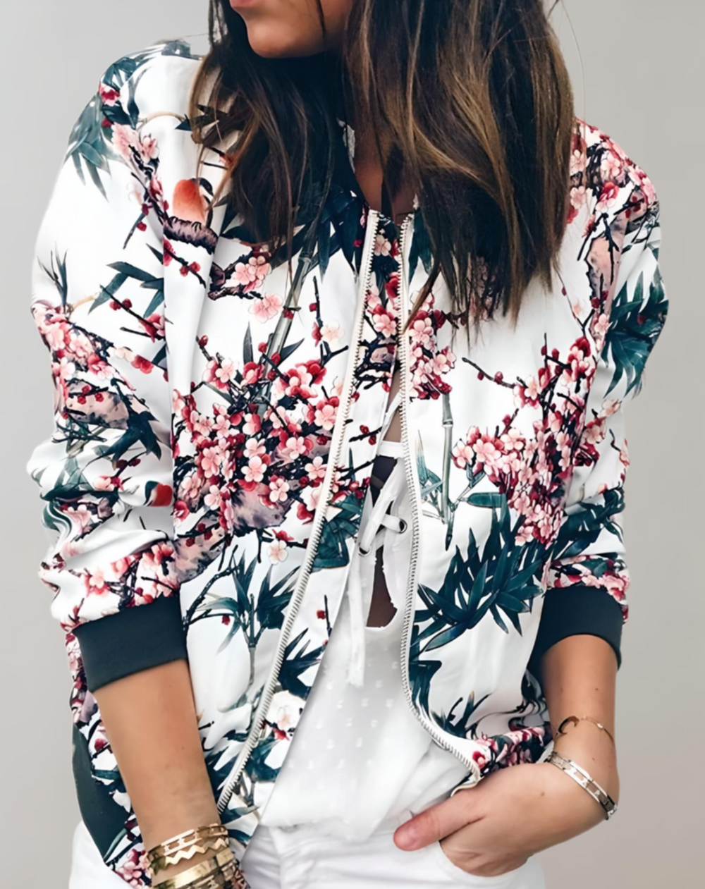 Levoire | Veste Bomber Avec Motif Floral Pour Femmes Blanc