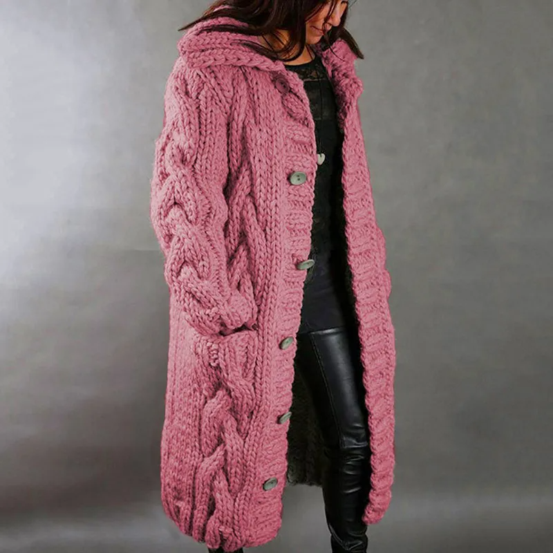 Levoire | Veste Longue Tricotée Épaisse Avec Bouton Et Poches Rosa