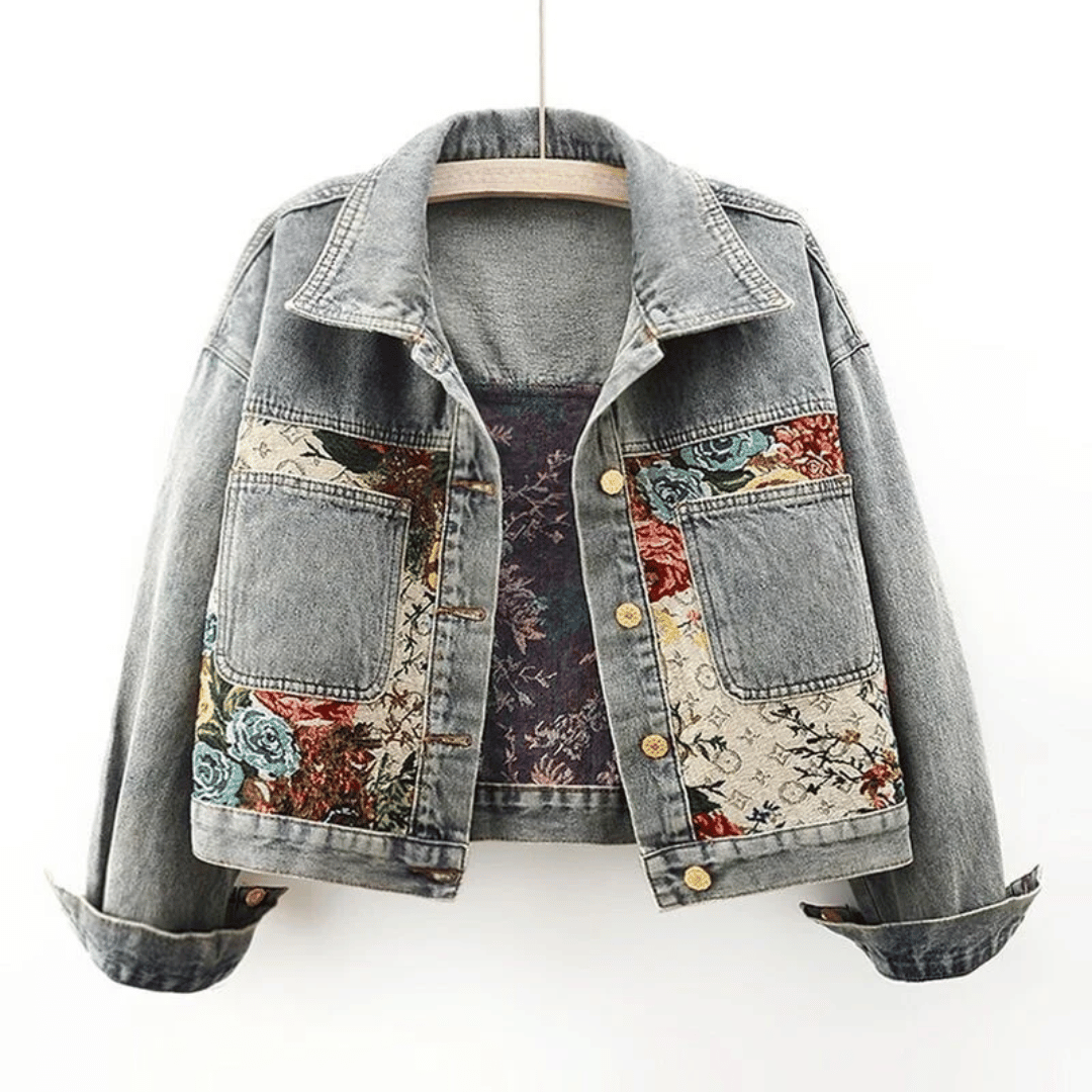 Levoire | Veste En Denim À Fleurs Peintes À La Main Fleurs & Coton Bio Bleu claire